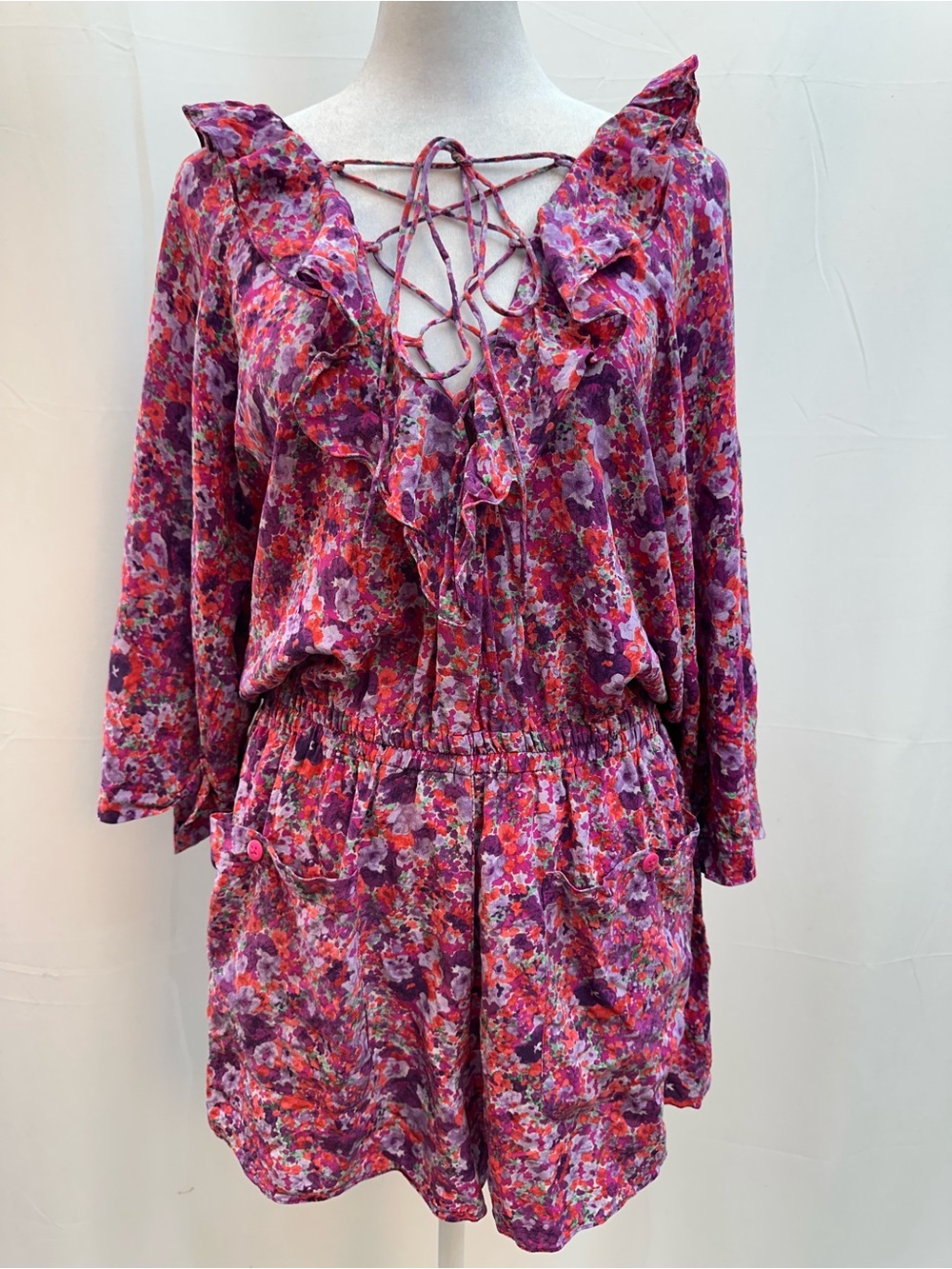 Rebecca Taylor Pink Purple Silk Floral Lace Front Romper 6